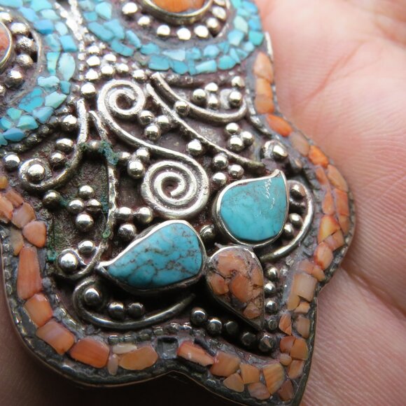 *925 Silver Antique Tibetan Coral Turquoise Pendant - Picture 8 of 8